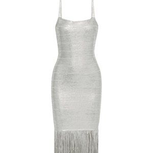 Hervé Léger fringed metallic coated-bandage gown